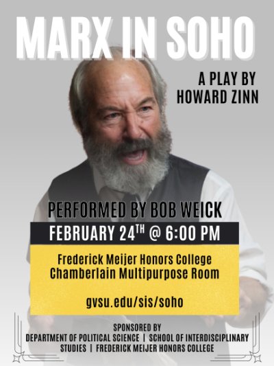 An actor dressed as Karl Marx with details about the event in text